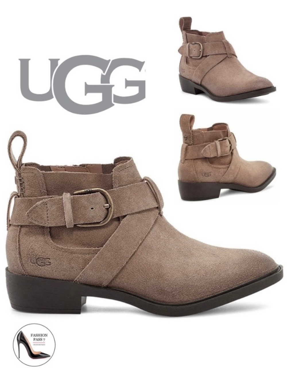 UGG Wylma Taupe Grey Suede Moto Booties 1113422 Buckle Western Ankle Boots 7